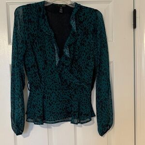 Aqua Teal and Black Ruffle Blouse